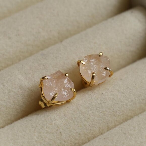 Gempires Natural Raw Rose Quartz Prong Setting Stud Earrings Crystal Gemstone Ha - Picture 2 of 9